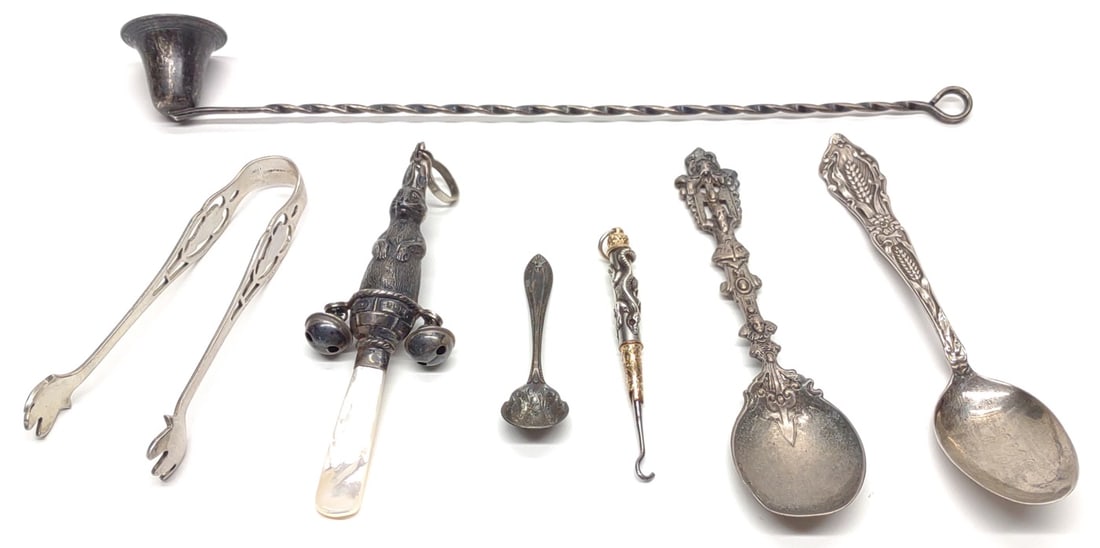 7 Sterling Silver Rattle, Button Hook & Flatware (1 of 14)