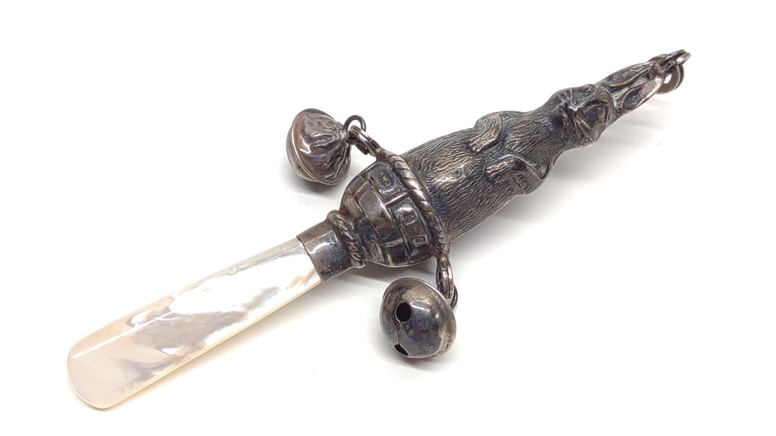 7 Sterling Silver Rattle, Button Hook & Flatware - 7