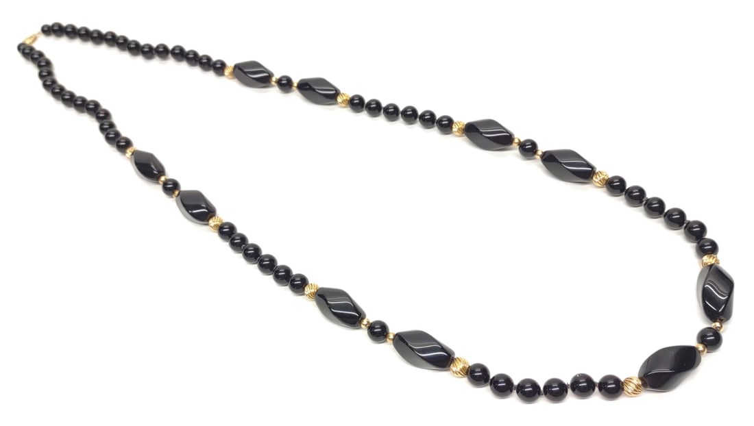 14K Gold & Onyx Beaded Necklace (31" L): Vintage 14 karat yellow gold and onyx beaded necklace. Measures 31" long. 8mm round beads with 11mm cylinder beads. Clasp and gold beads are 14k. Clasp is marked "14K". Has been tested for gold
