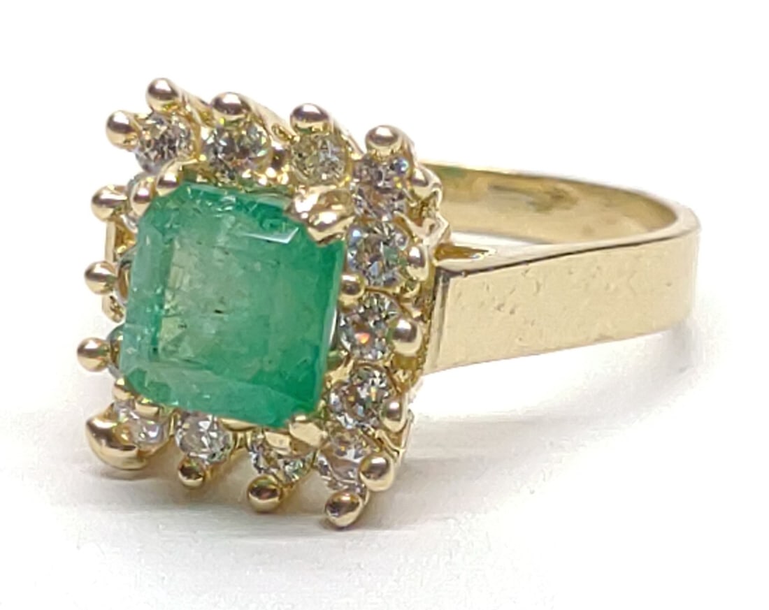 14K Yellow Gold Lab Emerald Ring (sz 6.75): 14 karat yellow gold and lab emerald cocktail ring. Ring size 6.75. Lab grown emerald (6.5x6.5mm, RI 1.57). Surrounded by 14 clear glass stones (not diamonds). Inner band is marked "14K". Has been tes