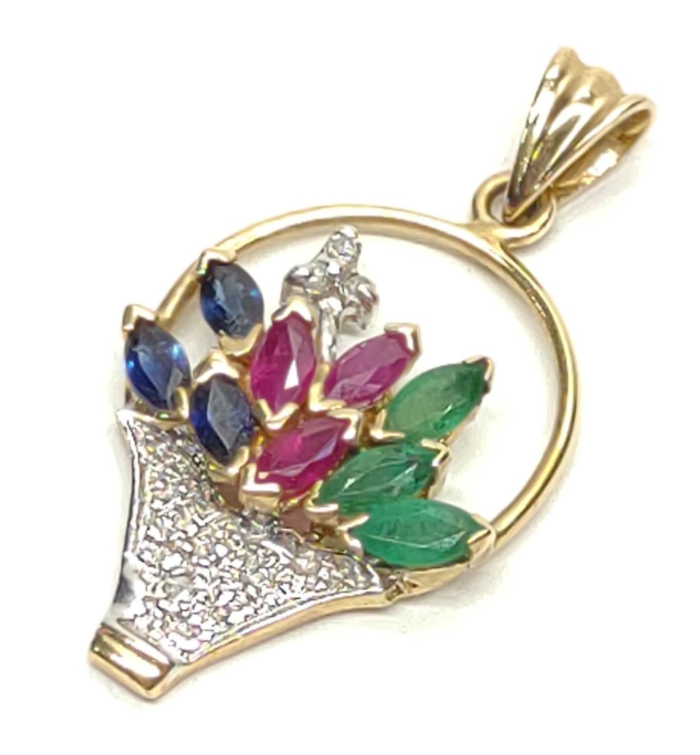 10K Sapphire Ruby Emerald & Diamond Basket Pendant: 10 karat yellow gold flower basket necklace pendant with marquise cut blue sapphires, emeralds, diamonds, and rubies. Marked "10K JCM". Has been tested for gold purity. Total weight: 1.23 grams. SHIPP