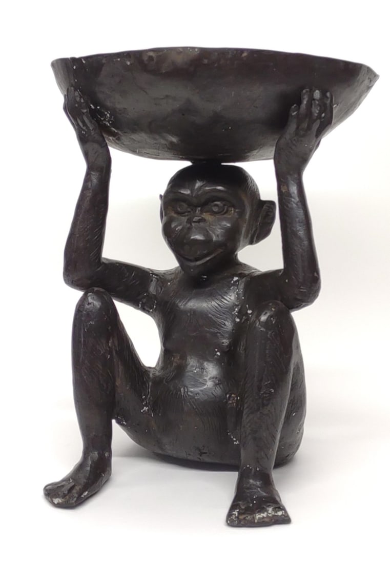 Patinated Bronze Monkey Holding Bowl Sculpture (1 of 8)