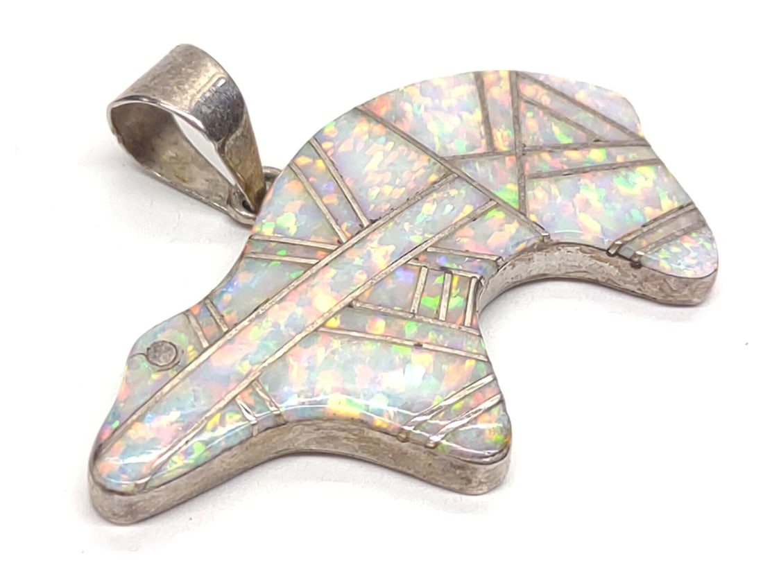 Frank Yazzie Navajo Sterling Opal Bear Pendant: Native american artist Frank Yazzie (Navajo) signed sterling silver opal inlaid bear necklace pendant. Backside is stamped "FY sterling". Has been tested for silver purity. Total weight: 5.50 grams. S