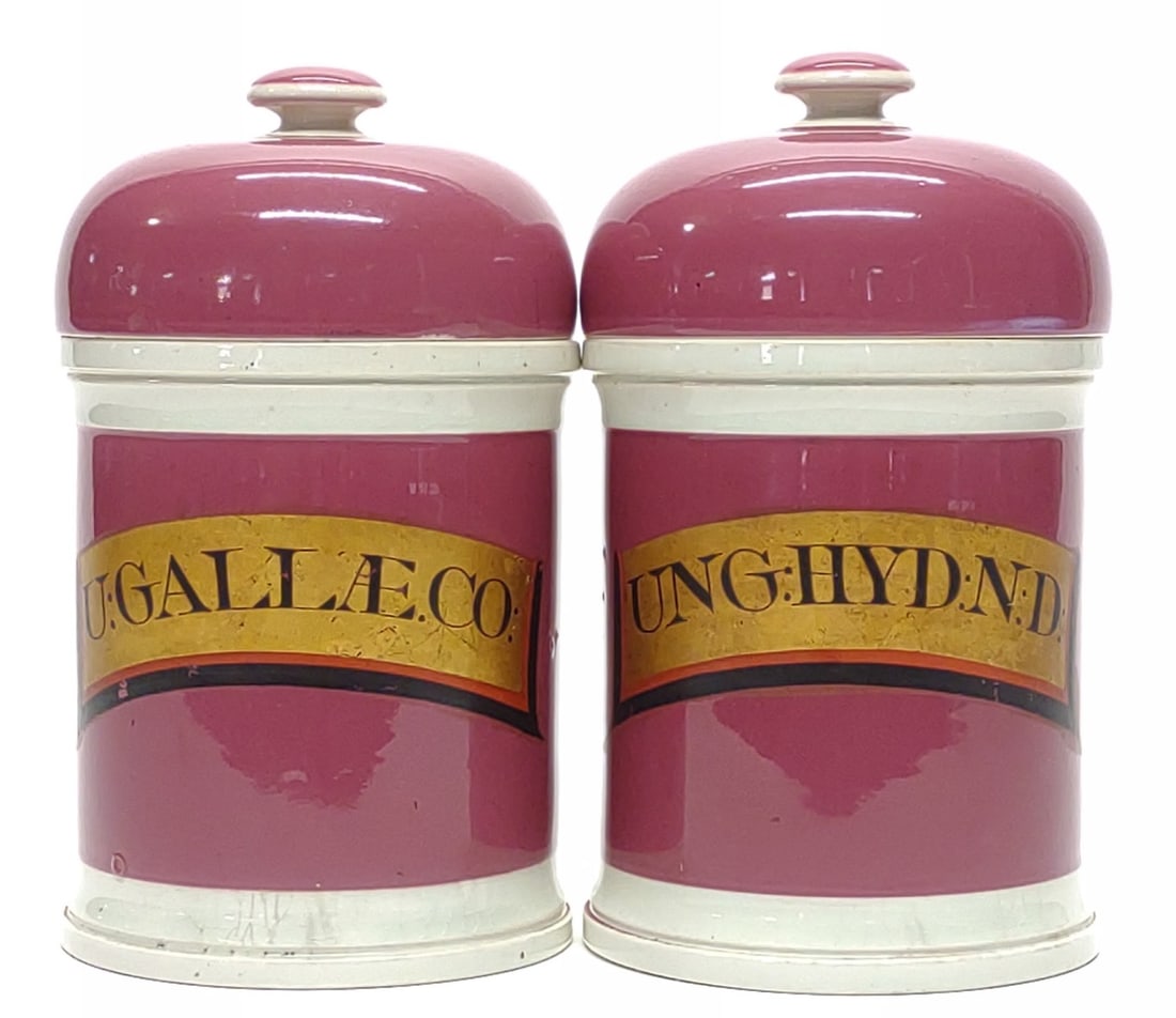 2 Pink 19th C. Ceramic Apothecary Pharmacy Jars (1 of 9)