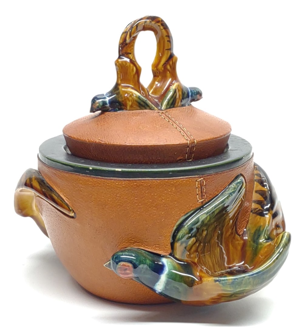 French Leather & Ceramic Pheasant Tobacco Pipe Jar (1 of 11)