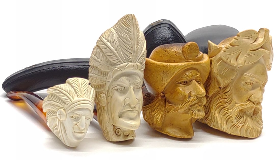 4 Carved Meerschaum Head Tobacco Pipes (1 of 12)