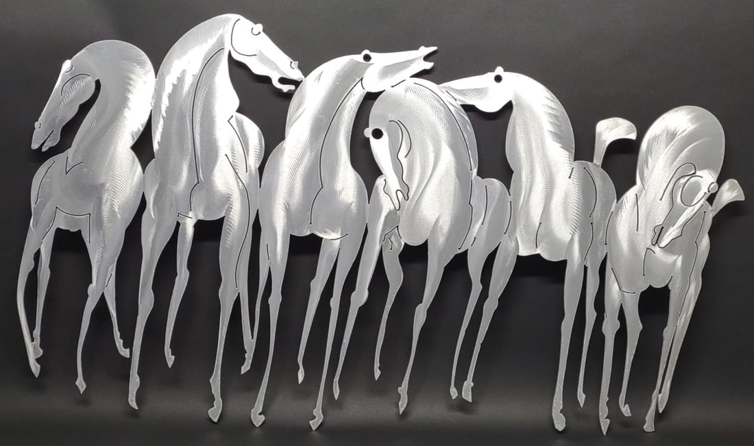 Frits Van Eeden Aluminum Horse Wall Art Sculpture: Frits Van Eeden Aluminum Six Horse wall art cutout / metal sculpture. Created from single aluminum piece. Measures approx.: 42 1/2 x 24 x 1 in. In-house international shipping NOT available for this i