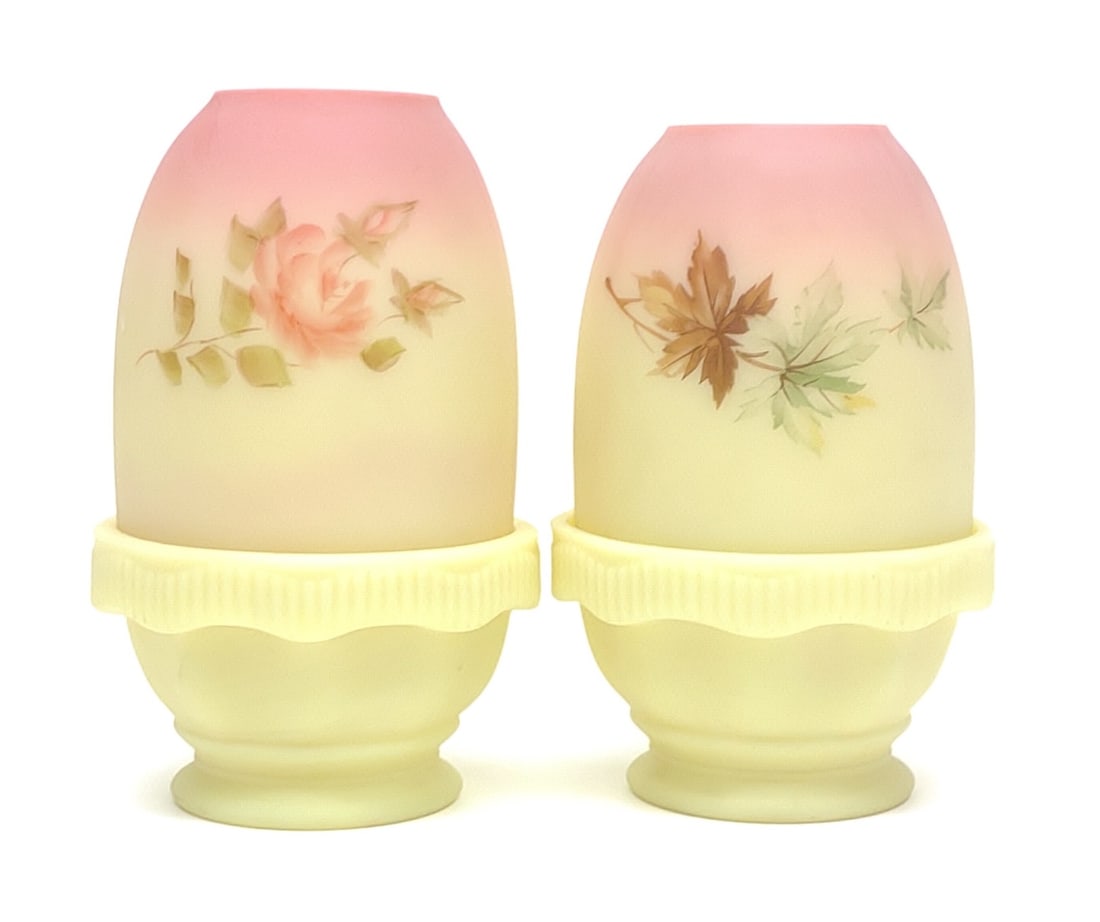 Pr of Fenton Burmese Uranium Art Glass Fairy Lamps (1 of 9)