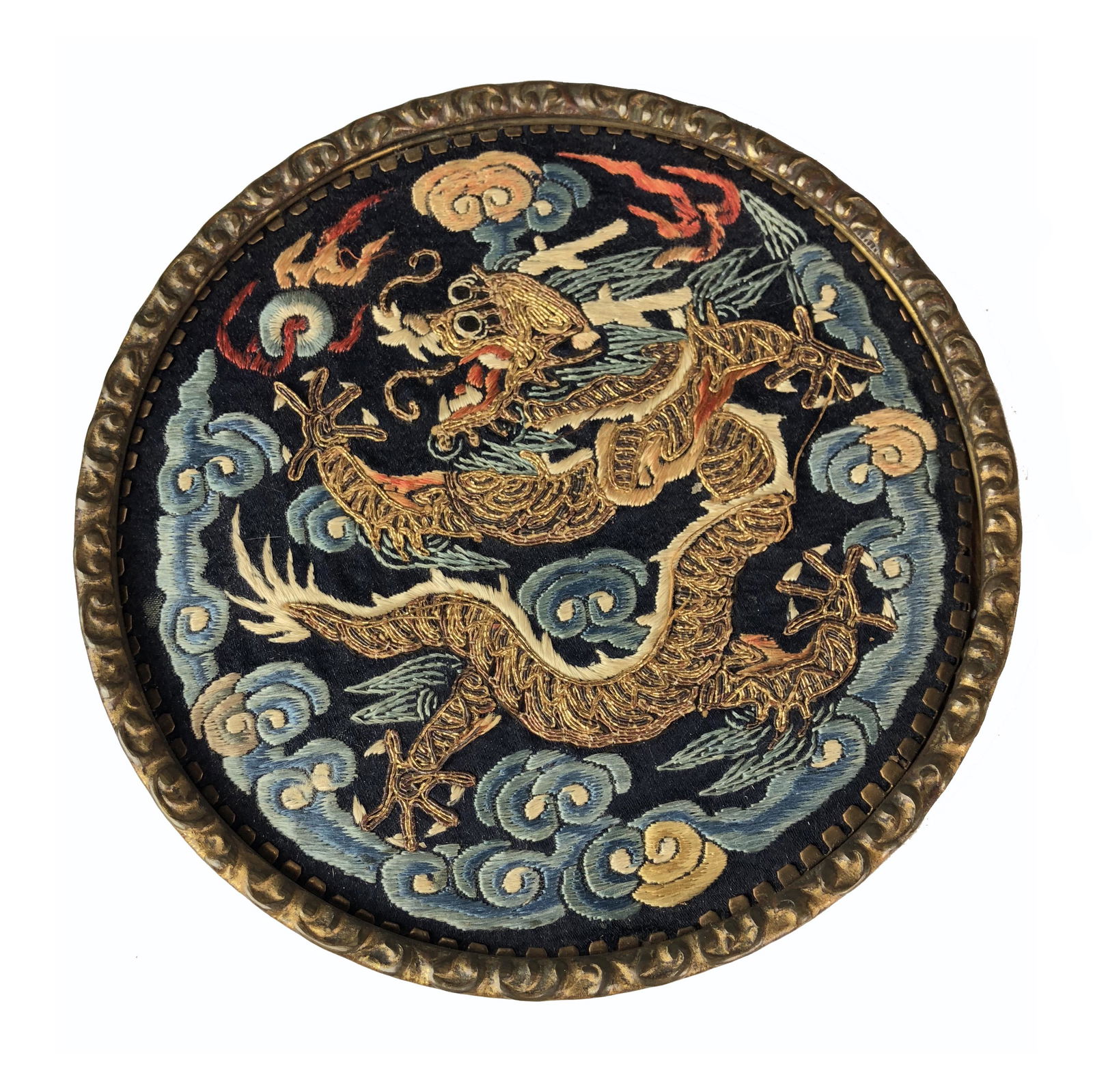 A FRAMED EMBROIDERED SILK 'DRAGON' ROUNDEL (1 of 6)