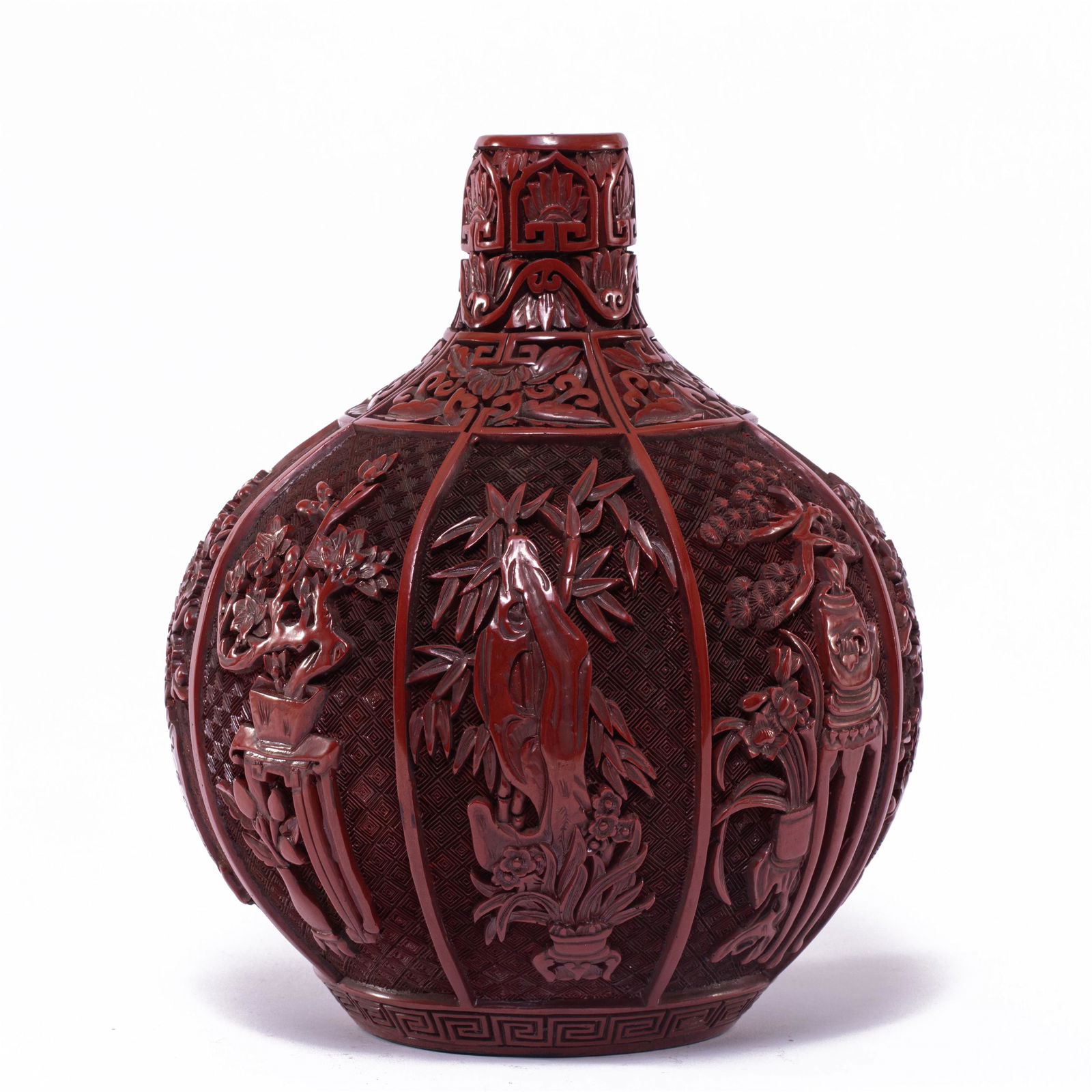 A CHINESE CARVED CINNABAR LACQUER BOTTLE WITH COVER (1 of 8)