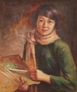 A OIL PAINTING OF FEMALE STUDENT SIGNED XU BEIHONG: A OIL PAINTING OF FEMALE STUDENT SIGNED XU BEIHONG Painting depicting Female Student, leaf, oil color on canvas, signed Xu Beihong. DIMENSIONS: Image only size 62 cm by 52 cm. HAVE A SIMILAR ITEM TO S