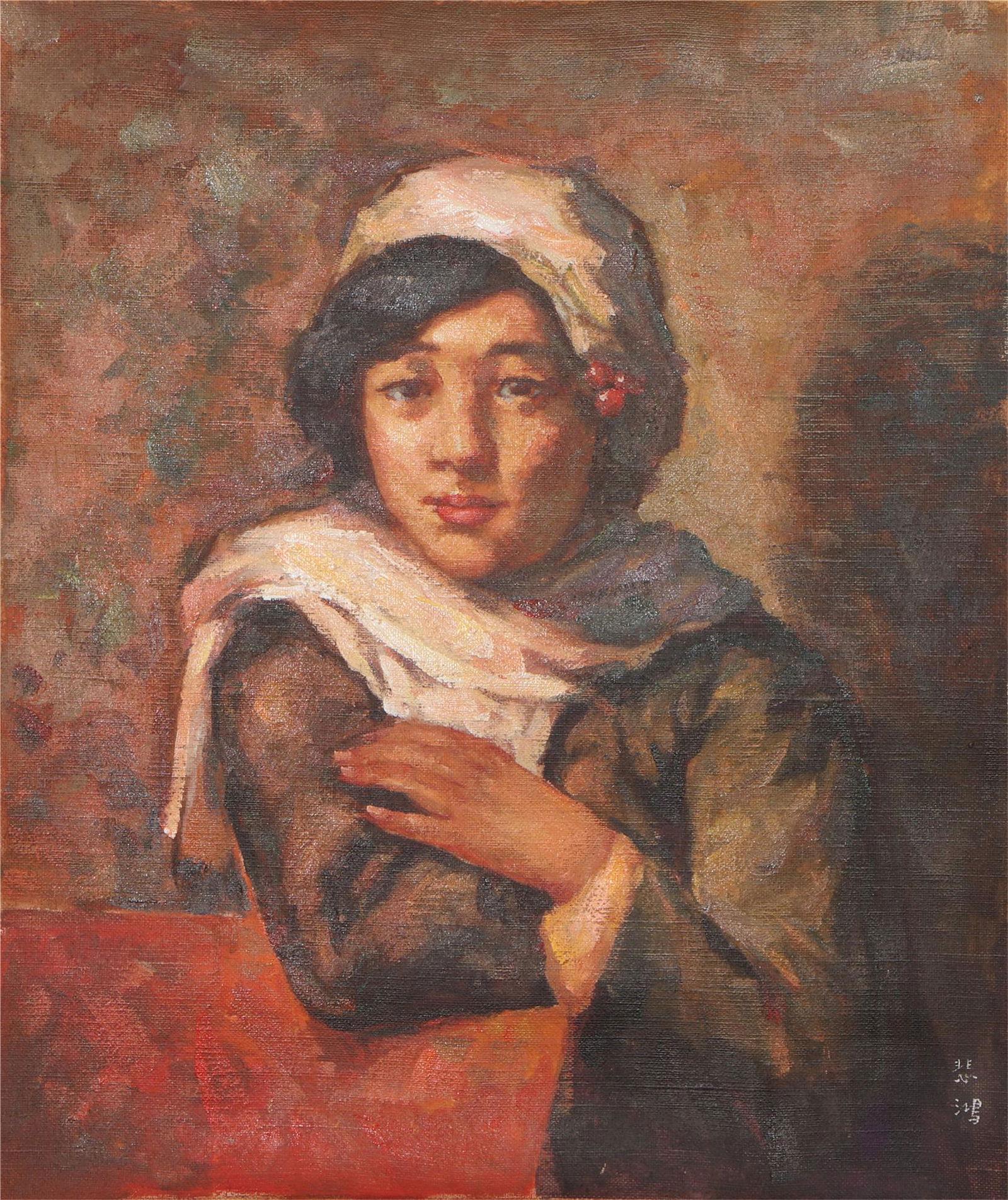 A OIL PAINTING OF MAIDEN SIGNED XU BEIHONG (1 of 4)