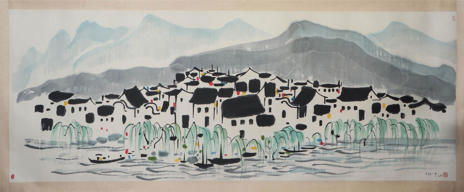 A CHINESE PAINTING OF WATER VILLAGE SIGNED WU GUANZHONG (1 of 5)