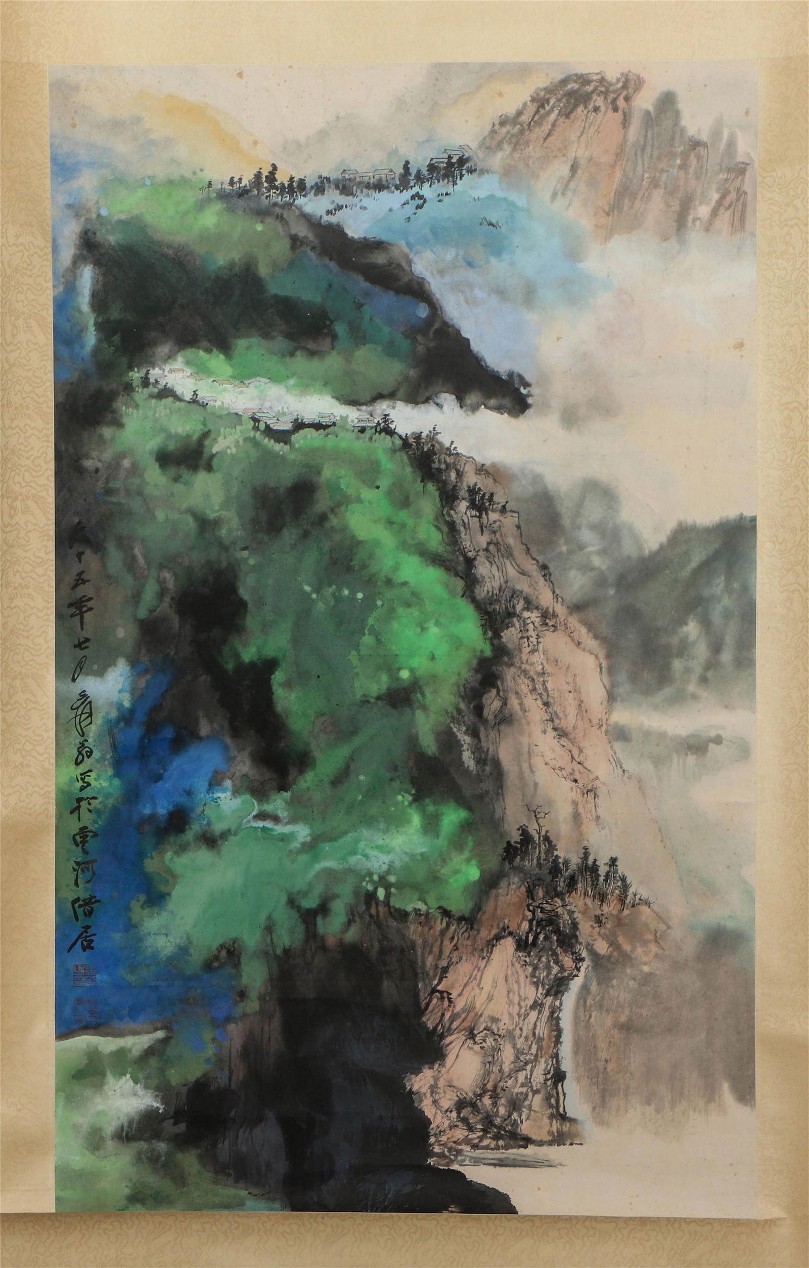 A CHINESE PAINTING OF BLUE AND GREEN LANDSCAPE SIGNED ZHANGDAQIAN (1 of 5)