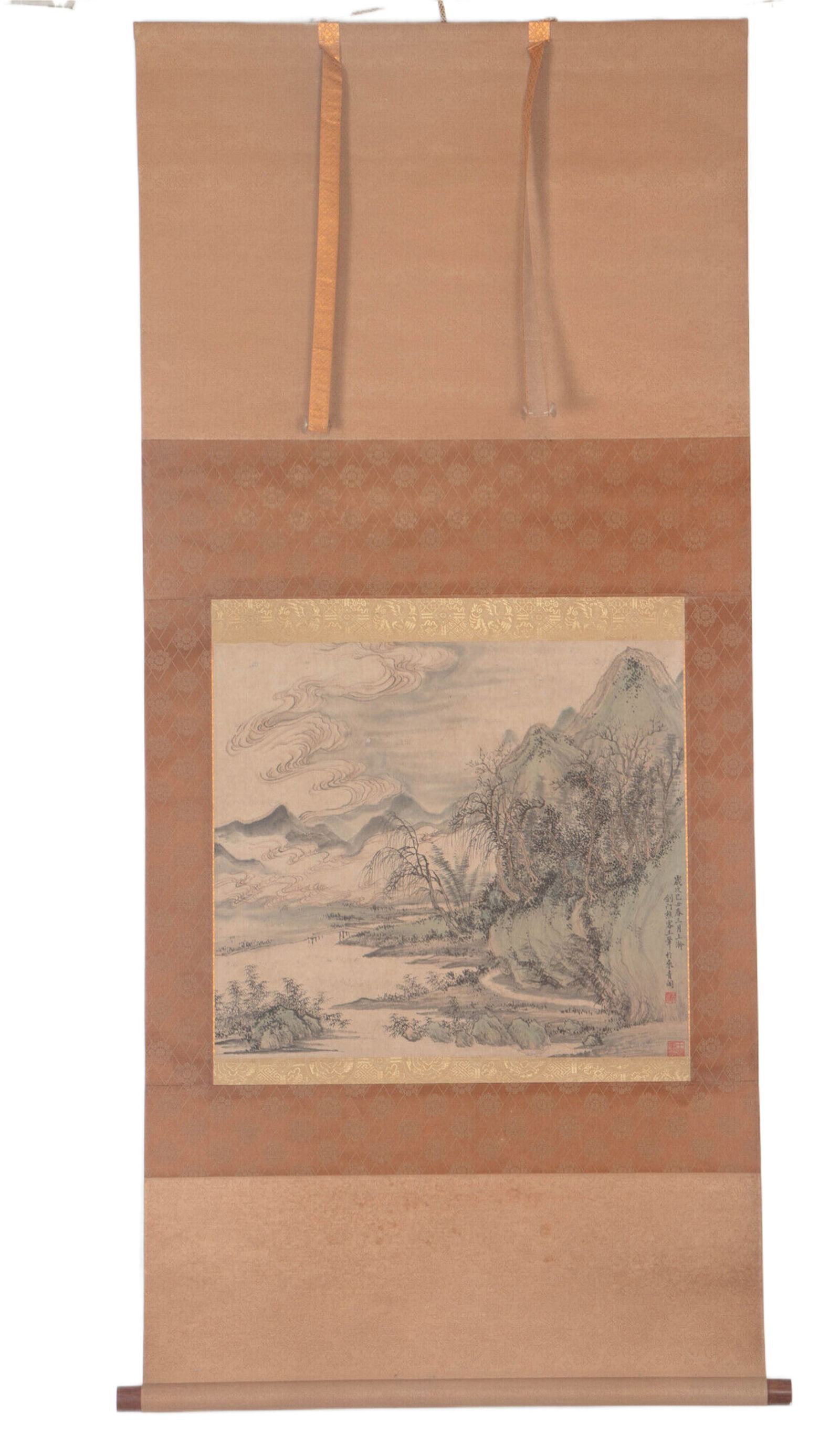 A CHINESE PAINTING OF LANDSCAPE SIGNED WANGHUI: A CHINESE PAINTING OF LANDSCAPE SIGNED WANGHUI Painting depicting landscape, ink and color on paper, mounted, hanging scroll, inscribed and signed Wang Hui, with two seal makrs of artist or collector.