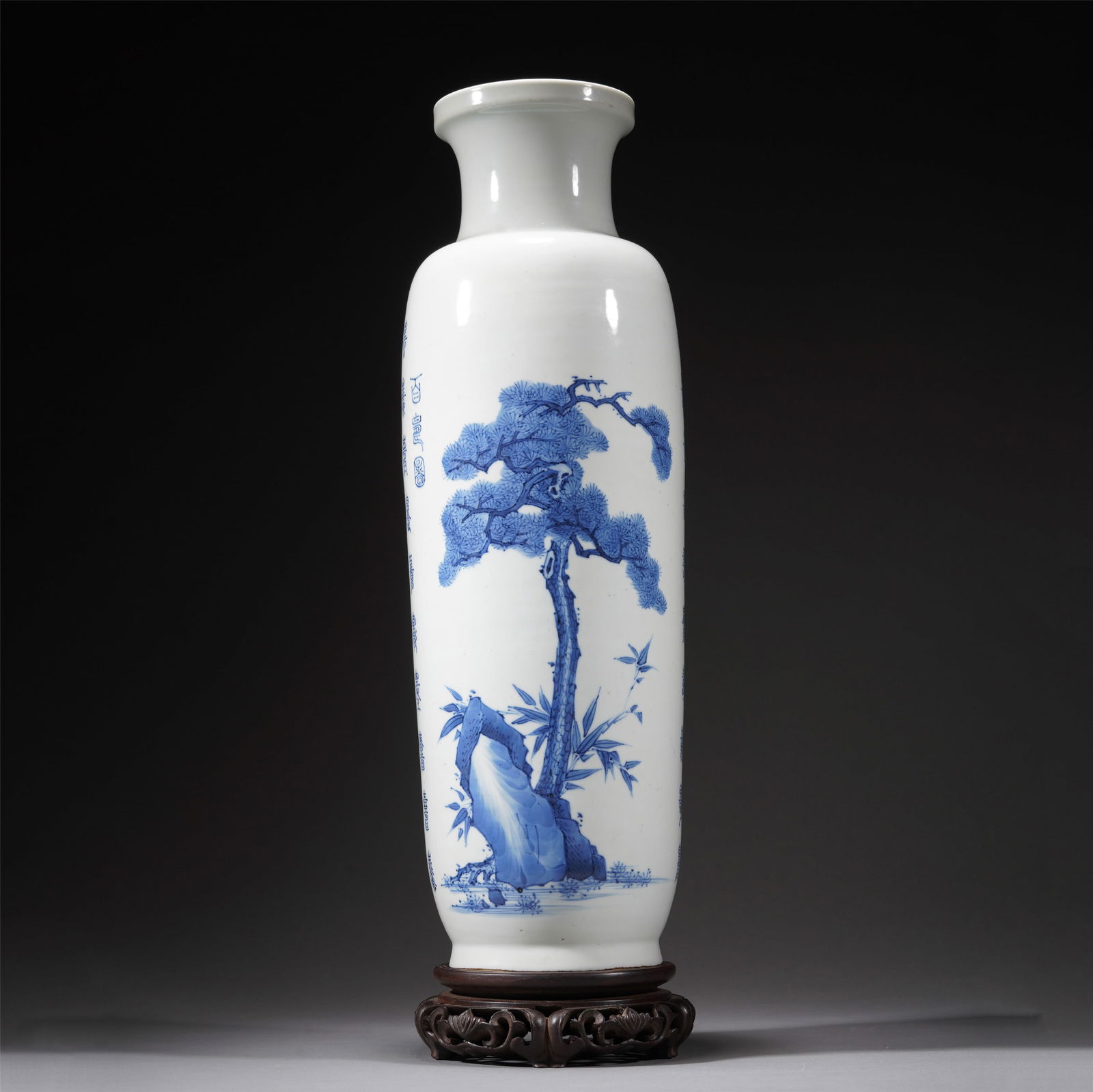 A CHINESE BLUE AND WHITE PINE MALLET VASE: A CHINESE BLUE AND WHITE PINE MALLET VASE The slender high-shouldered body decorated with pine, bamboo and rock in fine strokes. DIMENSIONS:14x45 cm. HAVE A SIMILAR ITEM TO SELL? CONTACT: INFO@GORDONG