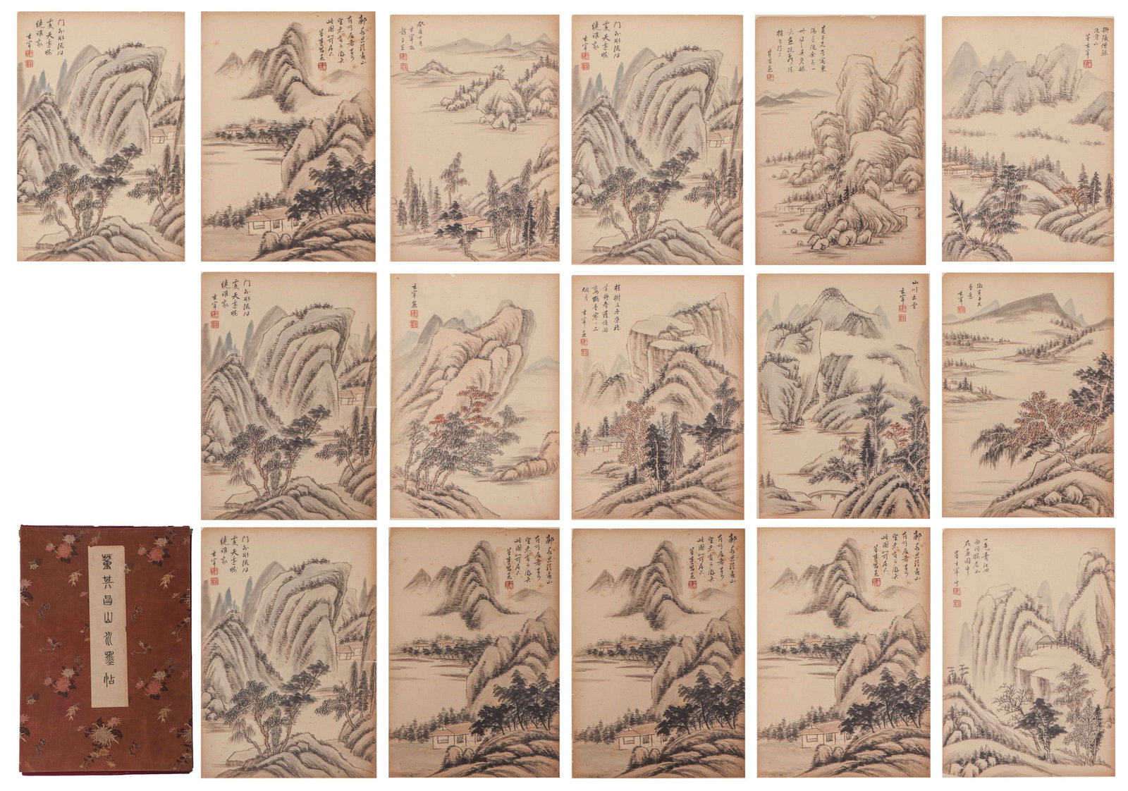 A CHINESE PAINTING OF LANDSCAPE SIGNED DONG QICHANG: A CHINESE PAINTING OF LANDSCAPE SIGNED DONG QICHANG Painting depicting Landscape, album leaves, color on paper, inscribed and signed Dong Qichang. DIMENSIONS: Single page size 38 cm by 27 cm. HAVE A S