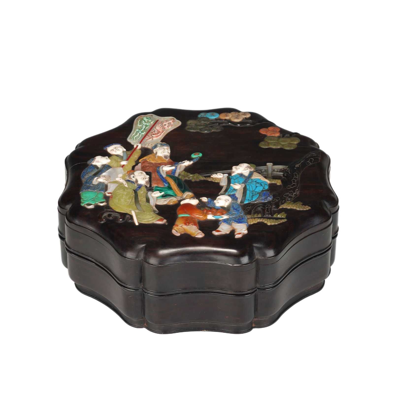 A HARDSTONES INLAID ROSEWOOD ZITAN BOX WITH COVER (1 of 9)