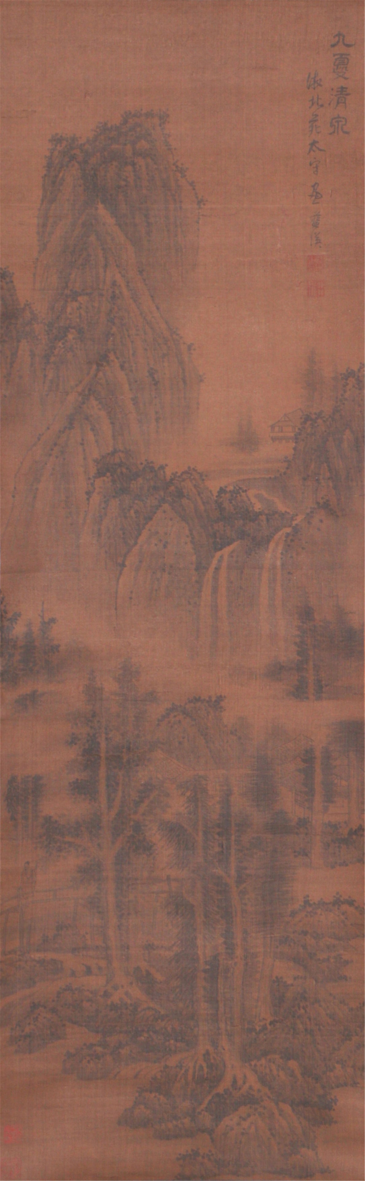 A CHINESE PAINTING OF LANDSCAPE SIGNED WANGHUI: A CHINESE PAINTING OF LANDSCAPE SIGNED WANGHUI Painting depicting the landscape, hanging scroll, mounted, ink on satin, signed Wang Hui, with seals of artist. DIMENSIONS: Image only size 104 cm by 42