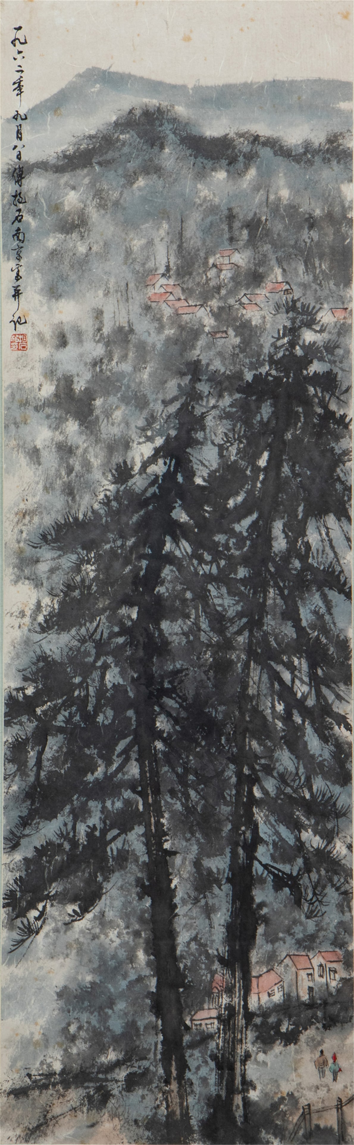 A CHINESE PAINTING OF MOUNTAIN VILLAGE SIGNED FU BAOSHI: A CHINESE PAINTING OF MOUNTAIN VILLAGE SIGNED FU BAOSHI Painting depicting mountain village, hanging scroll, ink and color on paper, inscribed and signed Fu Baoshi, with seals of artist. DIMENSIONS: I