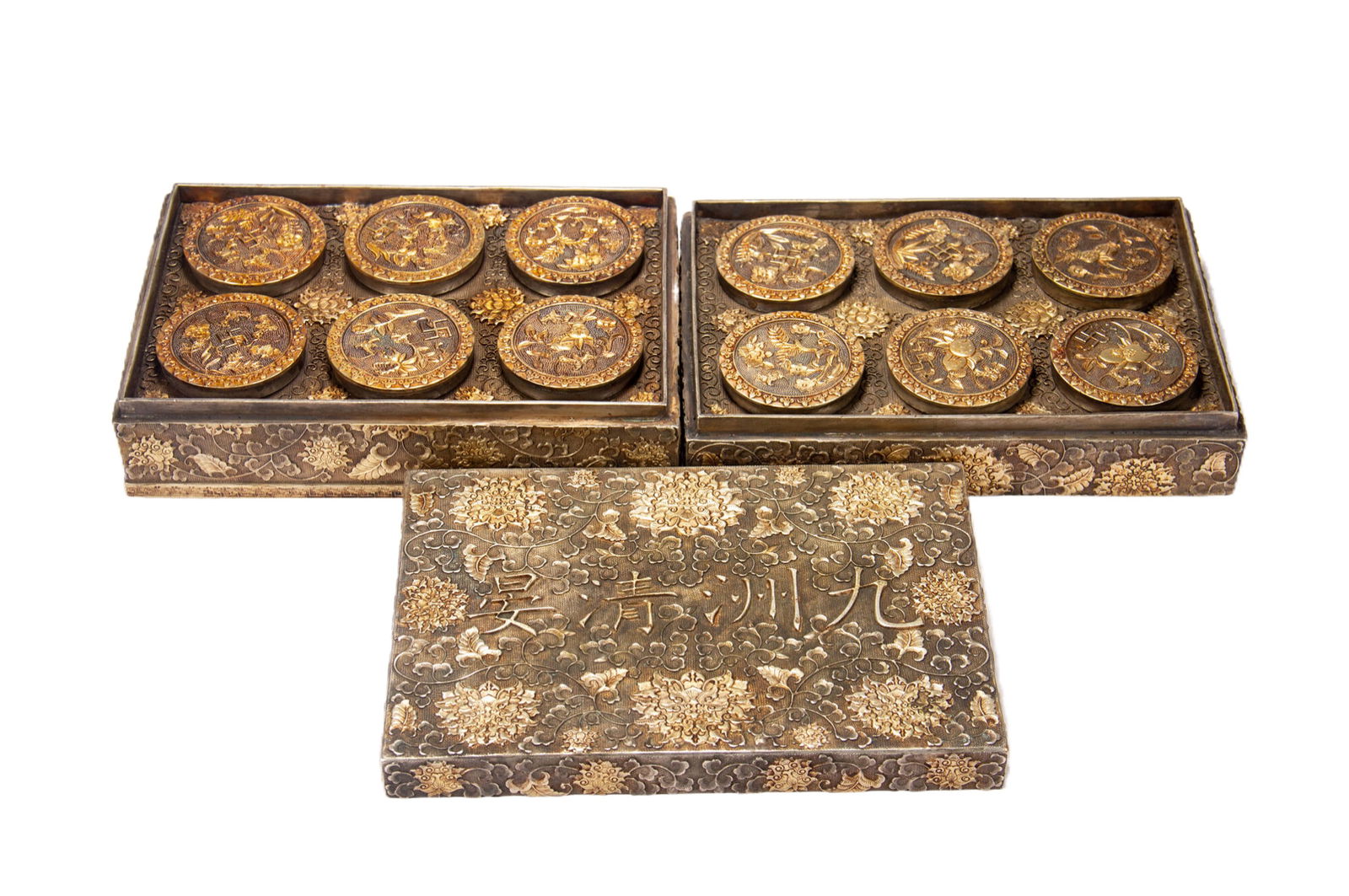 A COLLECTION OF BRONZE SILVER GILT  COINS WITH BOX (1 of 11)
