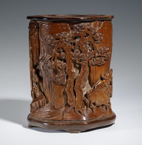 A CARVED BOXWOOD FIGURAL STORY BRUSHPOT