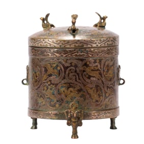 A GOLD AND SILVER INLAID BRONZE CENSER WITH COVER