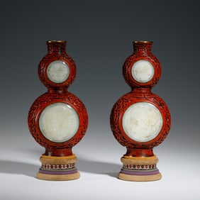 PAIR CARVED WHITE JADE PLAQUES INLAID CINNABAR LACQUER VASES