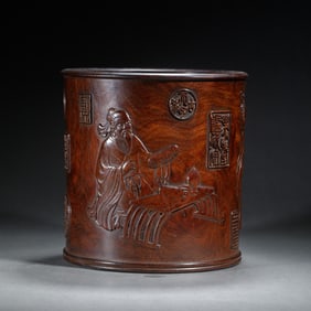 A CARVED HUANGHUALI FIGURAL STORY BRUSHPOT
