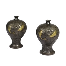 PAIR SILVER-GILT CARPS VASES MEIPING