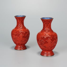 PAIR CARVED CINNABAR LACQUER BALUSTER VASES
