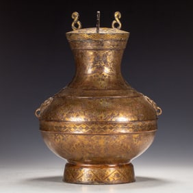 A GOLD AND SILVER INLAID BRONZE WINE VESSEL HU