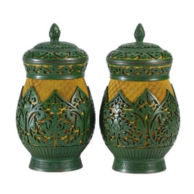 PAIR CARVED CINNABAR LAQUER JARS WITH COVERS