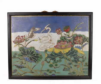 A CLOISONNE ENAMEL EGRETS PANEL