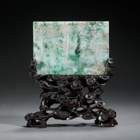 A CARVED JADEITE PLAQUE INLAID WOODEN TABLE SCREEN