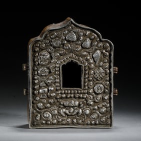 A TIBETAN BRONZE PORTABLE SHRINE GAU