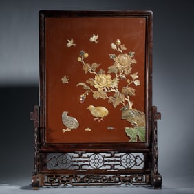 A HARDSTONES INLAID HARDWOOD HUANGHUALI TABLE SCREEN