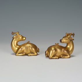 PAIR BRONZE-GILT SNOW DEERS