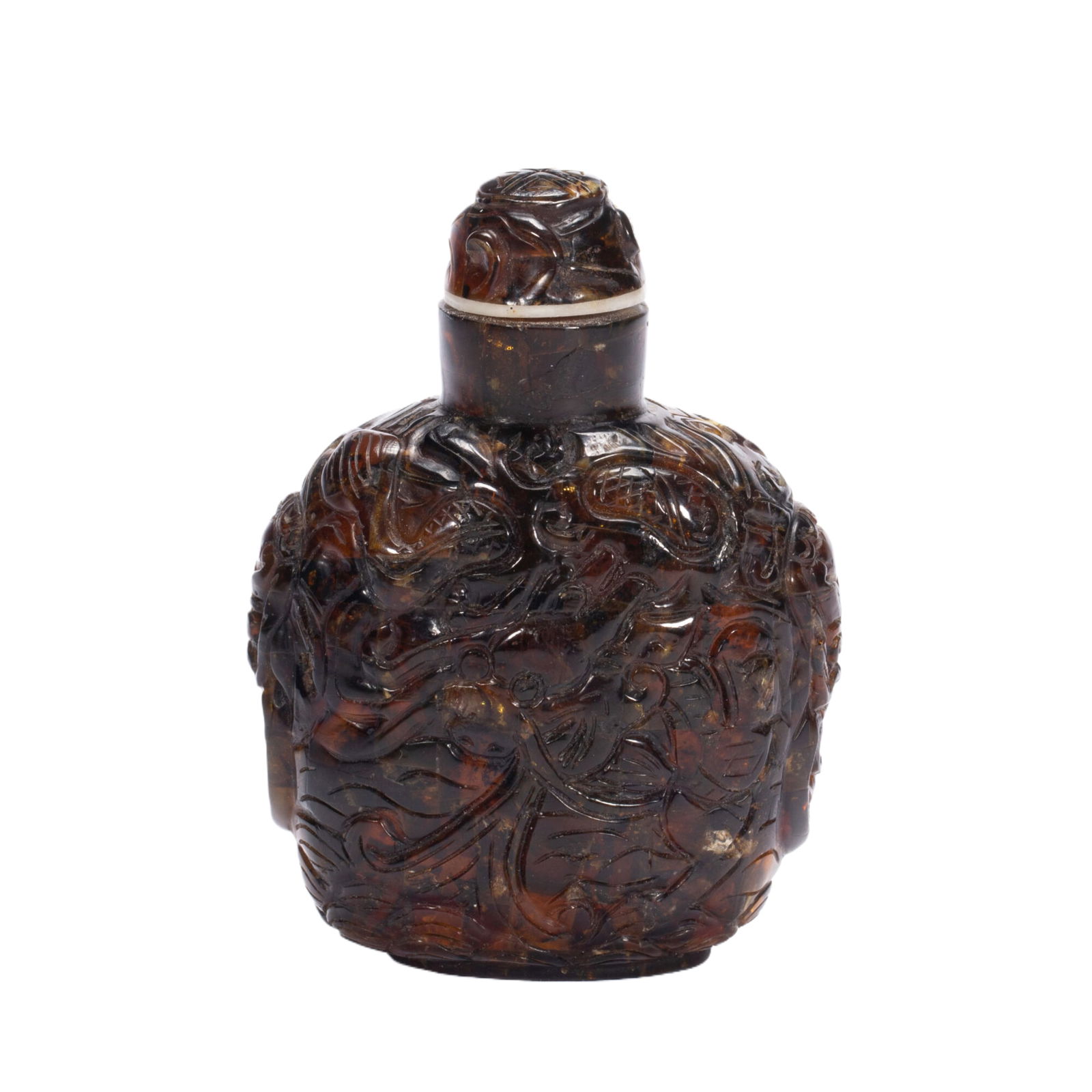A CARVED AMBER SNUFF BOTTLE WITH COVER: A CARVED AMBER SNUFF BOTTLE WITH COVER Of flatten ovoid shape, carved chilong group in low relief, with matched stopper. DIMENSIONS: L. 5 cm. W. 3 cm. H. 7 cm. Weight 30 grams. HAVE A SIMILAR ITEM TO