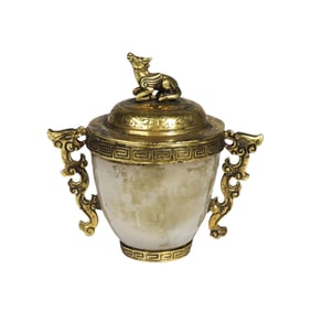 A JADE CUP WITH BRONZE-GILT COVER