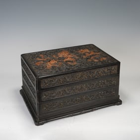 A CARVED BOXWOOD HUANGYANGMU INLAID ROSEWOOD ZITAN BOX WITH COVER