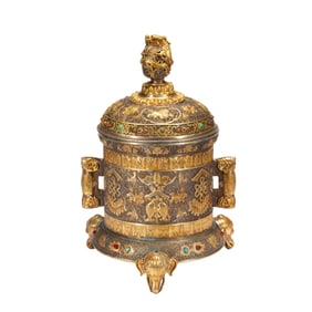 A HARDSTONES INLAID BRONZE-GILT INCENSE BURNER WITH COVER