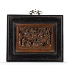 A CARVED ALOES WOOD INLAID ROSEWOOD ZITAN HANGING PANEL