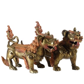 PAIR BRONZE-GILT LIONS