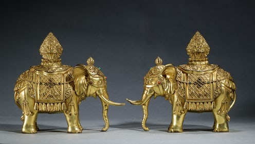 PAIR BRONZE-GILT TREASURED ELEPHANTS