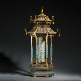 A CARVED JADE INLAID CLOISONNE ENAMEL PAGODA