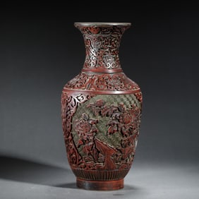 A CARVED CINNABAR LACQUER PEONY VASE