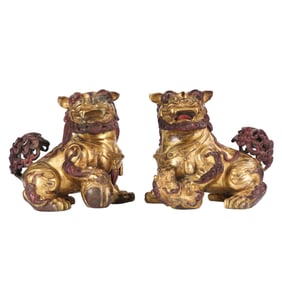 PAIR BRONZE-GILT BUDDHIST LIONS