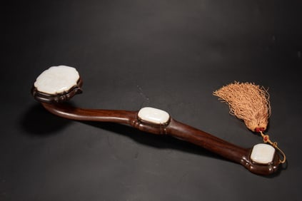 A CARVED WHITE JADE PLAQUES INLAID HUANGHUALI RUYI SCEPTER