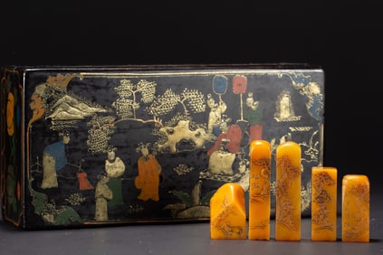 A SET OF FIVE CARVED TIANHUANG LANDSCAPE SEALS WITH BOX